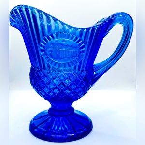 Vintage Cobalt Blue Glass Mount Vernon Medallion Creamer/Pitcher Avon